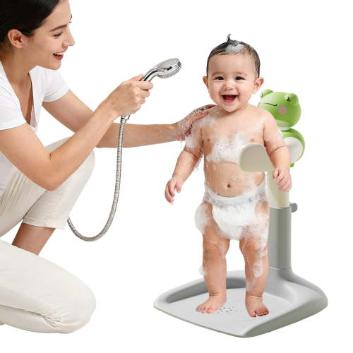 Trendix Baby Bath Stand with Anti-Slip Base, Adjustable Height Foldable Shower Rack with Drainage Holes, Duck Design Bathing Assistant with 40KG Capacity, Grey