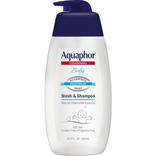 Aquaphor Baby Wash and Shampoo - Mild, Tear-free 2-in-1 Solution for Baby’s Sensitive Skin - 16.9 fl. oz. Pump | Tear Free Shampoo and Body Wash for Baby, Gently Cleanses, Non-Drying and Fragrance Free, Pediatrician Recommended Brand