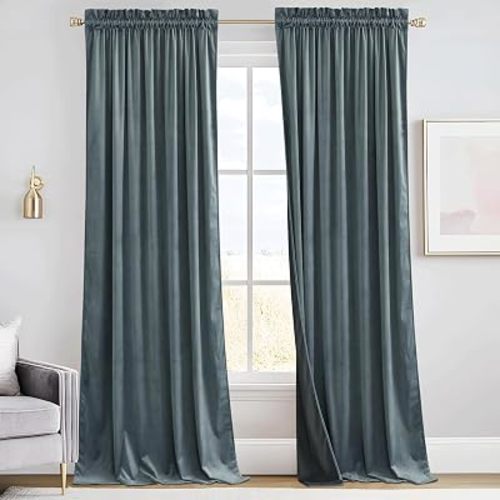 RYB HOME Dusty Blue Velvet Drapes for Baby Boy Bedroom, Thermal Insulated, Light Blocking, Floor-Length Rod Pocket Velvet Curtains for Modern Home Decor, 52" W x 84" L, 2 Panels Set