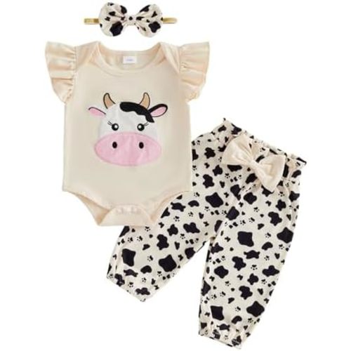 Newborn Baby Girl Summer Clothes Cow Ruffle Sleeveless Romper Bodysuit Jumpsuit Tops Bow Pants Set Infant Outfit