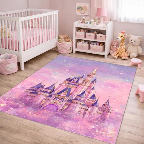 Pink Princess Castle Rug, Girls Room Decor, Fantasy Design