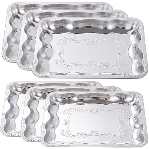 6 Pack Silver Serving Trays Set, Stainless Steel Floral Engraved Mirror Decorative Tray Vintage Metal Party Platters for Charcuterie Desserts Snacks Fruits Jewelry Wedding Party Home Display
