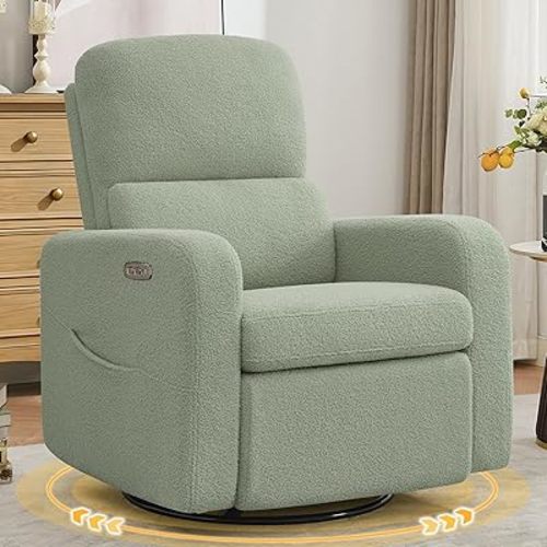 Power Swivel Rocker Recliner, Oversized Electric Boucle Recliner Chair, Swivel Glider Nursery Reclienr with Removable Cushion, Upholstered Recling Chair for Living Room Bedroom, Teddy Green