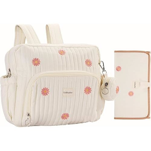 Diaper Bag Backpack, Medium Maternity baby bag & Changing Pad, Insulated Pockets, Stroller Straps & Pacifier Case (Medium - Beige Flowers)