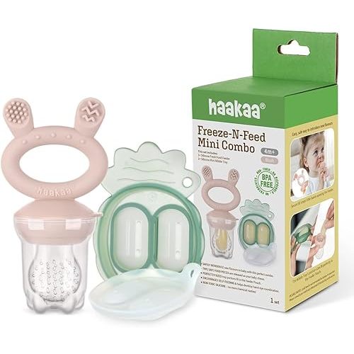 Haakaa Freeze-N-Feed Mini Combo with Silicone Food Feeder & Silicone Mini Nibble Tray|Baby Solid Food Self Feeder|Breastmilk Popsicle Mold Storage & Feeder for Soothing Baby Gums 1 PK