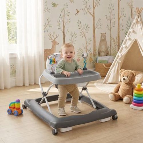 Foldable Baby Walker with Removable Seat and Adjustable Height for 6-12 Months, Gray