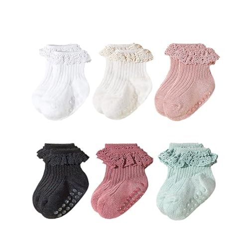 Looching 6 Pack Baby Toddler Girls Anti Slip Socks Ruffle Frilly Non Skid with Grips Cute Ankle Lace Socks for Infant Kids