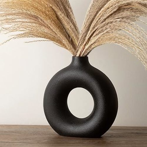 RyddeligHome Black Vase for Pampas Grass, Black Vases Home Decor, Black Ceramic Vase, Black Round Vase, Black Room Decor, Clay Vase Black, Black Donut Vase Modern Decor, 7.5" Tall