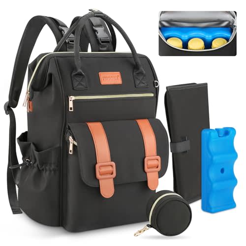 PIIOSER Diaper Bag Tote with Ice Pack, Large Capacity & Waterproof Bag Travel Backpack for Moms Dads, Insulated Insulated Baby Cooler Bag with Changing Pad, Stroller Straps & Pacifier Case, Black