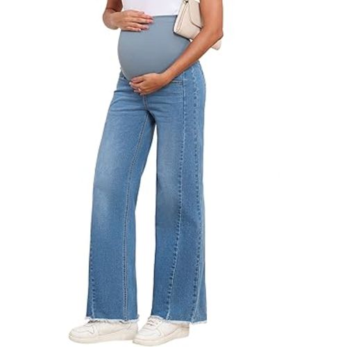 BLENCOT Maternity Jeans for Women Straight Leg Stretchy Denim Ripped Pregnancy Boyfriend Jean