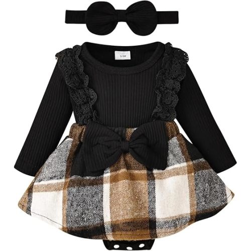 Baby Girl Clothes Fall Winter Outfit Plaid Romper Long Sleeve Dress Lace Ruffles Bodysuit with Bow Headband
