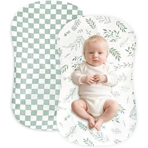 Hooyax Muslin Baby Lounger Cover 2 Pack - 100% Breathable Cotton Soft Infant Lounger Covers, Fits Most Standard Newborn Loungers & Pillows (Green Checker+Leaf)