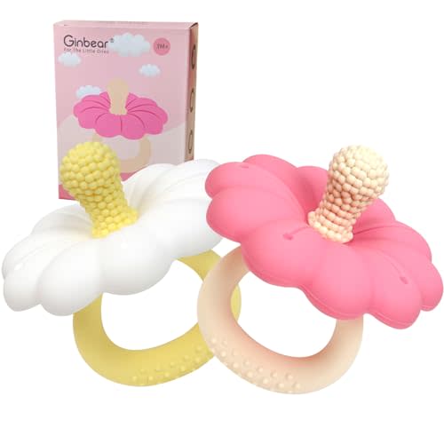 Ginbear Silicone Baby Teether for Girls, BPA Free Food Grade Infant Teething Toys, Soothing Baby Chew Toys, Sensory Teething Pain Relief Pacifier 3 Months + (Set of 2)