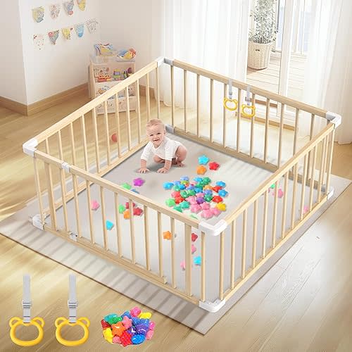 Baby Wooden Playpen for Toddler and Babies - 43 x 43 x 24 Inch Easy to Assemble Baby Playpen with 2 Handles & 30 Ocean Ball - Babies Safety Activity Centre Play Yard with Door for Indoor & Outdoor