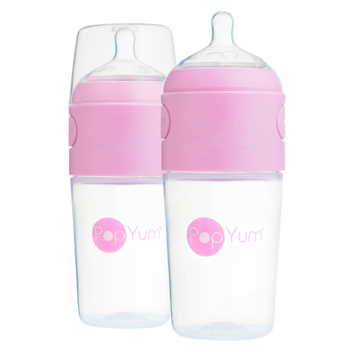 PopYum 9 oz Pastel Pink Anti-Colic Formula Making Baby Bottle, 2-pack (with #2 nipples)