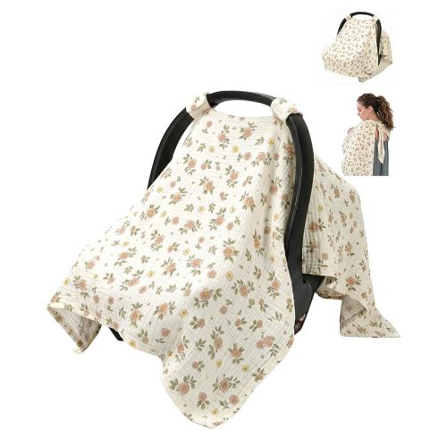 Muslin Car Seat Cover Baby & Nursing Cover, Soft Breathable Infant Carseat Covers for Summer, Windproof Car Seat Canopy for Boys Girls (Flowers)