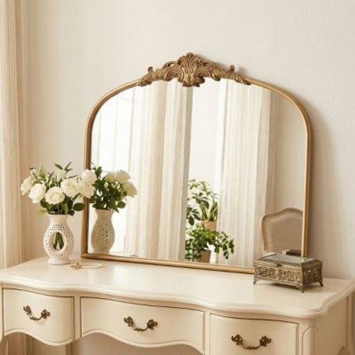 32" × 24" Baroque Vintage Arched Wall Mirror, Antique French Ornate Decorative Mirror with Gold Scrolled Frame for Bedroom, Entryway-Panipeachy