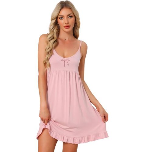 INSPIRE CHIC Women's Sleepdress Pleated Ruffle Hem Spaghetti Strap Scoop Neck Loungewear Nightgown Medium Pink