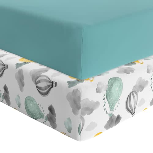 Featherhead™ 2-Pack Fitted Crib Sheets - 100% Cotton - 52" x 28" x 9" for Standard Crib and Toddler Mattress (Percale Green Balloons)