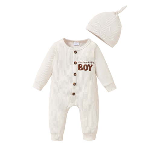 KIMI BEAR 3 Months Newborn Baby Boy Romper 6 Months Winter Clothes Shower Gift Long Sleeves Jumpsuit Letter One-piece Overalls with Hat 2pcs Bodysuit Clothing Apricot