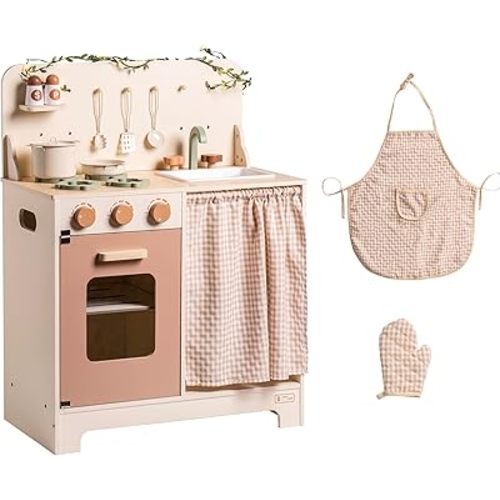 ROBOTIME Kids Play Kitchen Set - Rustic Wooden Kitchen Sets, Pretend Play Kitchen with Leaf Light String, Apron, and Groves, for Toddlers 3+ (Rustic Style)