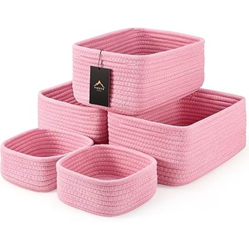 VIRETH HAUS 5-Pack Small Woven Rope Storage Baskets – 2 Sizes Organizer Bins for Closet, Shelf, Bookshelf, Nursery, Changing Table, Fabric Cube Boxes, Rectangular Shallow Bins for Bathroom, Toy & Home