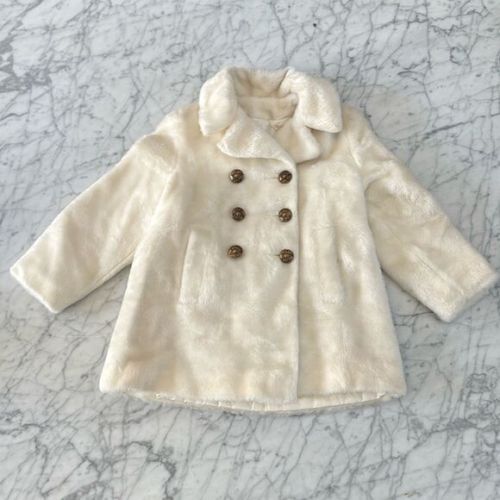 Vintage 1960s Toddler Pea Coat Ivory Faux Fur Double Breasted Winter Malden 5T