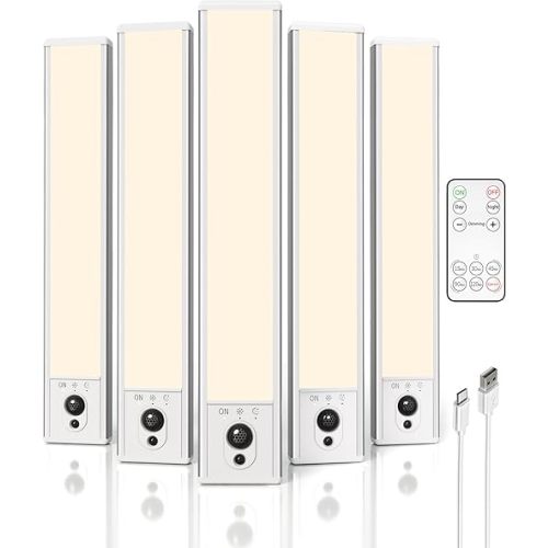 EZVALO 5 Pack Under Cabinet Lighting, Rechargeable Motion Sensor Light, LED Closet Lights Wireless, 3500K Dimmable, Timer, Magnetic, with Remote Control for Kitchen, Closet, Stair