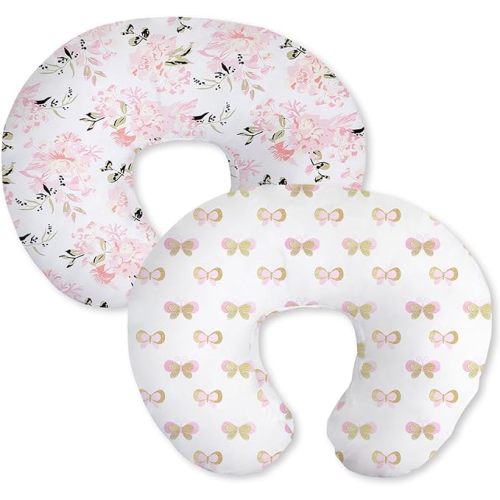 Little Grape Land Nursing Pillow Covers 2 Pack, Soft & Breathable Removable Breastfeeding Pillows Covers for Feeding Pillows, Nursing Pillow Slipcover for Baby Girls Boys, (Butterfly & Floral)