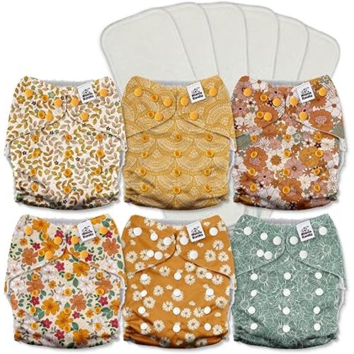 Mama Koala 3.0 Pocket Cloth Diapers for Babies with AWJ Lining, 6 Pack with 6 5-Layer Natural Cloth Diaper Inserts - Reusable and Washable Pocket Diapers(A-Little Daisies)