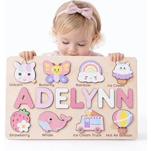 Personalized Baby Girl Gifts, Custom Name Puzzle for Toddlers 1-3 with 48 Animal Art Backdrop, Wooden Name Puzzle, Customized Baby Gifts, Personalized Puzzle for Boy & Girl