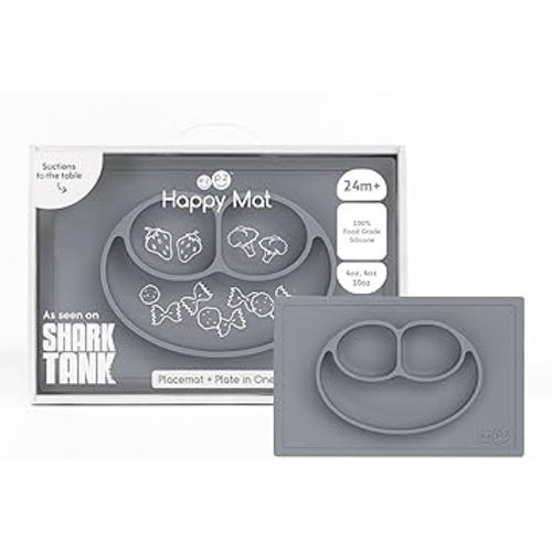 ezpz Happy Mat (Gray) - 24 Months+ - 100% Silicone Suction Placemat + Divided Plate with Three Compartments - Toddler + Preschool Essentials