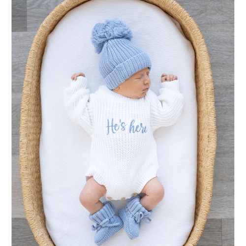 White Organic Cotton Knit Romper | He’s Here Bundle Blue | PRE-ORDER