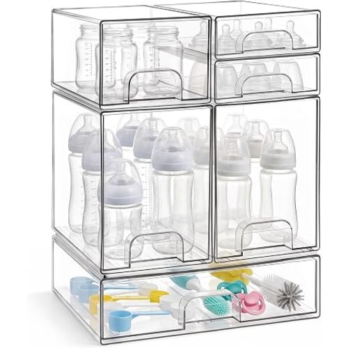 Baby Bottle Organizer, 6-Piece Clear Acrylic Stackable Storage Drawers