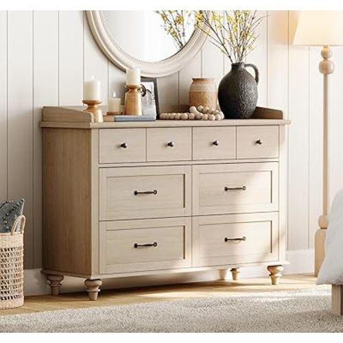 WAMPAT Beige Dresser for Bedroom with 6 Drawers, Farmhouse Kids Dressers with Wide Chest of Drawers, Light Wood Closet Storage Organizer, Baby Dresser for Living Room, Nursery