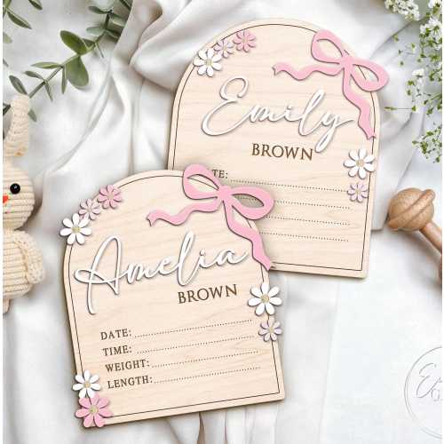 Bow Baby Announcement Sign, Birth Stats Sign for Baby Girl, Custom Baby Name Sign Gifts, Newborn Stats, Newborn Name Sign, Baby Shower Gifts
