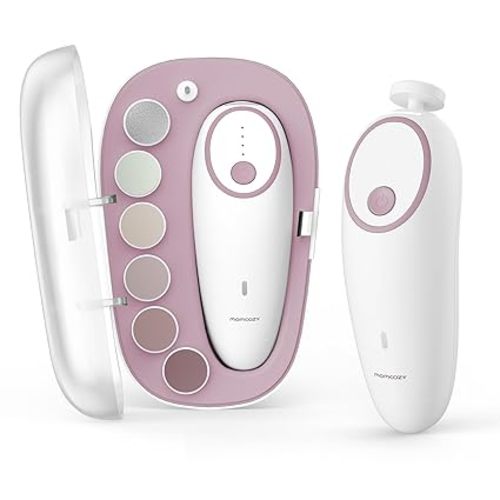 Momcozy Baby Nail File Electric, Gentle Baby Nail Trimmer Electric, Baby Nail Clipper with Night Light, 7 Grinding Head Replacement Pads, Pink