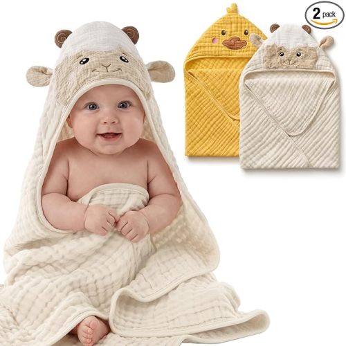 Muslin Baby Hooded Towel 2 Pack, Soft & Absorbent Bath Towel for Infant, Toddler, Unisex, Baby Gift, Newborn Essentials, Sunny Duck & Gentle Lamb
