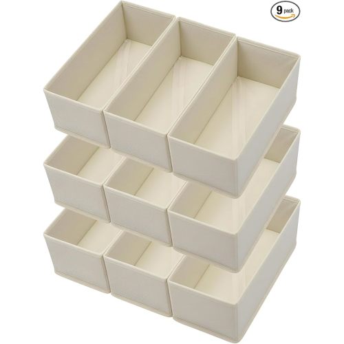 Bructhun Sock Drawer Organizer 9 Pack - Collapsible Fabric Storage Bins for Underwear Divider, Small Closet Organizers with 9 Compartments, Beige