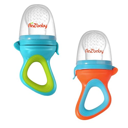 RaZbaby Baby Solids/Frozen Fruit Feeder Pacifier, Infant Teether Toy 6M+, BPA-Free Silicone Pouch & Nipple, Safely Introduce Solids, Teething Relief, Dishwasher Safe, 2-Pack – Orange/Blue + Green/Blue - Blue/ Orange