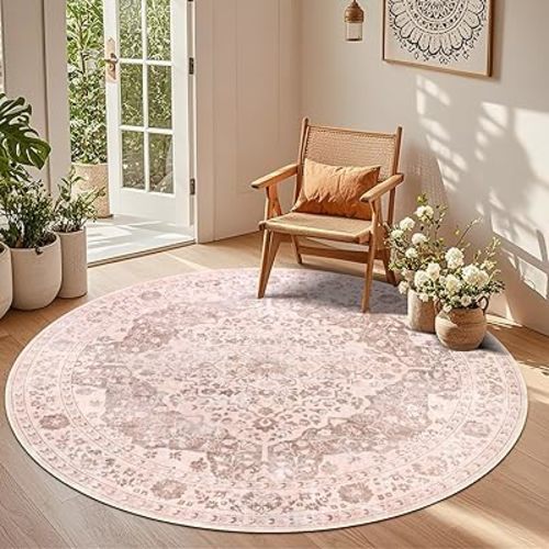 nesrt Boho Washable Round Rugs 6ft for for Living Room, Soft Non-Slip Circle Kids Bedroom Rugs, Faux Wool Low Pile Printed Kids Nursery Area Floor Carpets for Dining Room Doorway Playroom (Pink)