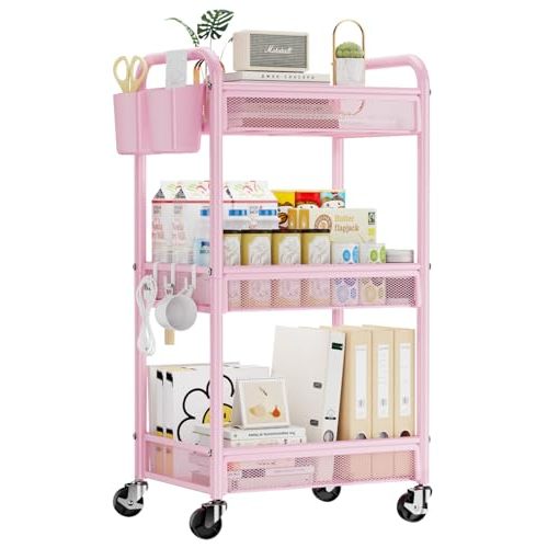 YASONIC 3 Tier Metal Rolling Cart, Pink Utility Storage Cart with Wheels | Metal Mesh Craft Cart With Hooks & Hanging Cups, Ideal For Kitchen, Bathroom, Office, Dorm, Art Workspace, Bedside Storage