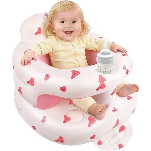 Arscniek Inflatable Baby Seat Built in Air Pump, Blow Up Baby Chair with Back Support and Tray, Sit Me Up Floor Seat for Babies 3-36 Months, Portable Infant Chairs for Indoor and Outdoor- Rabbit