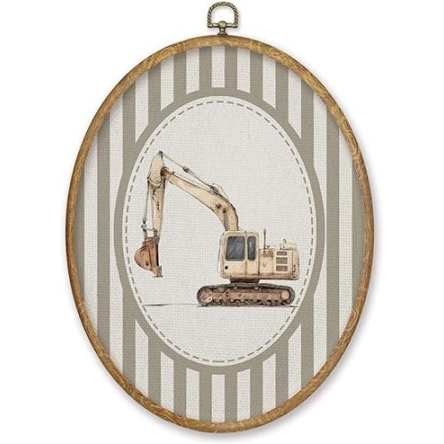 CGBHW Excavator Nursery Oval Wall Art Decor Products, Kids Canvas Prints Framed, Neutral Striped Excavator Vehicle Wall Art Hanging Decor for Home Kids Boy Nursery Room Bedroom Playroom, 8.6x11.4 Inch