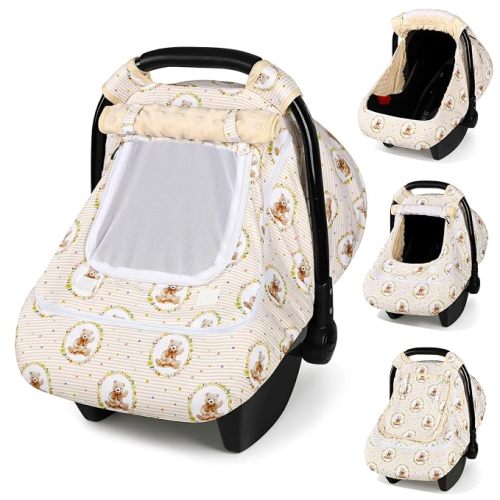 Hooyax Baby Car Seat Cover with Dual Zipper, Extra Large Mesh Window Carseat Canopy, All-Season Weather Protection for Infant Car Seats & Strollers (Pink Bow)