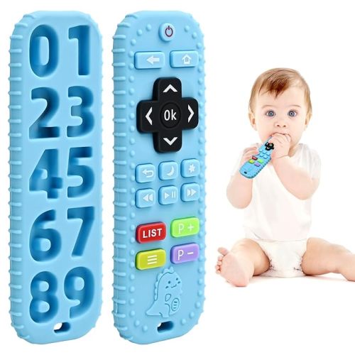 Teething Baby Toys 3-6 Months, Soft Silicone Remote Control Teethers Toys for Babies 6 to 12 Months, Teething Infant Chew Set for Newborn Boys Girls Baby Shower Gifts, Blue