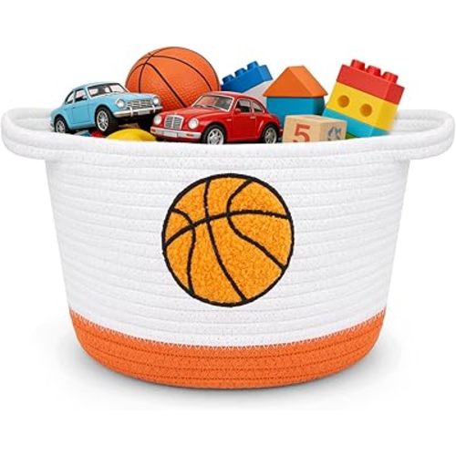 Basketball Storage Basket, Woven Basket with Handle Small Laundry Basket Organizer for Baby Shower, Blanket, Shelf, Cat Dog Toy Organizer, Gifts Empty, 9"x7" Baskets for Organizing
