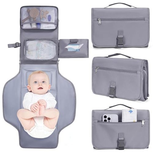 CEICEI Portable Diaper Changing Pad Waterproof Travel Baby Changing Mat with Large Wet/Dry Pocket & Elastic Wipes Pockets, Foldable Compact for On-The-Go Diaper Changer (Grey)