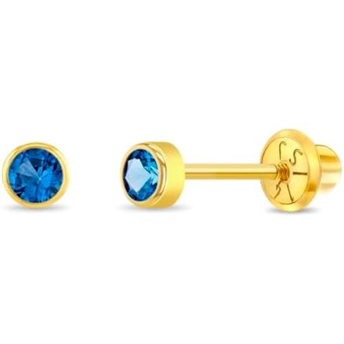 In Season Jewelry Bezel Simulated Birthstone Kids Earrings - 14k Yellow Gold Earrings for Girls with Secure Screw Backs - Safe & Comfortable for Kids & Little Girls