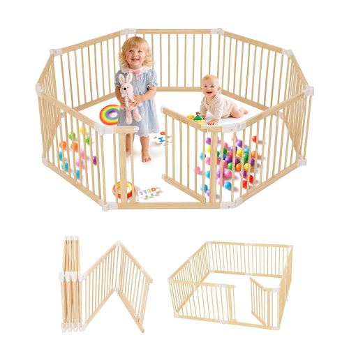 Foldable Wooden Baby Playpen Large Play Yard for Babies and Toddlers, 2 in 1 Portable Fence Custom 25" Tall Wood Gate with Adjustable Size & Shape for Infants 3-12 Months -63x63x25 inch